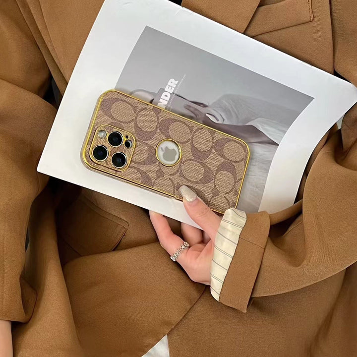 Inspired Luxury Monogram iPhone Case with Gold Trim