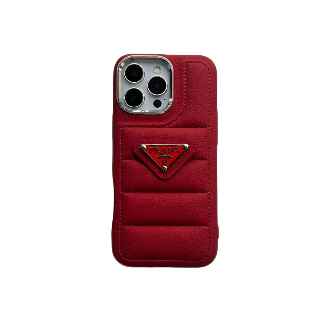 Prada Elegant Metal Monogram Diamond-Quilted Lambskim Leather Apple iPhone Case