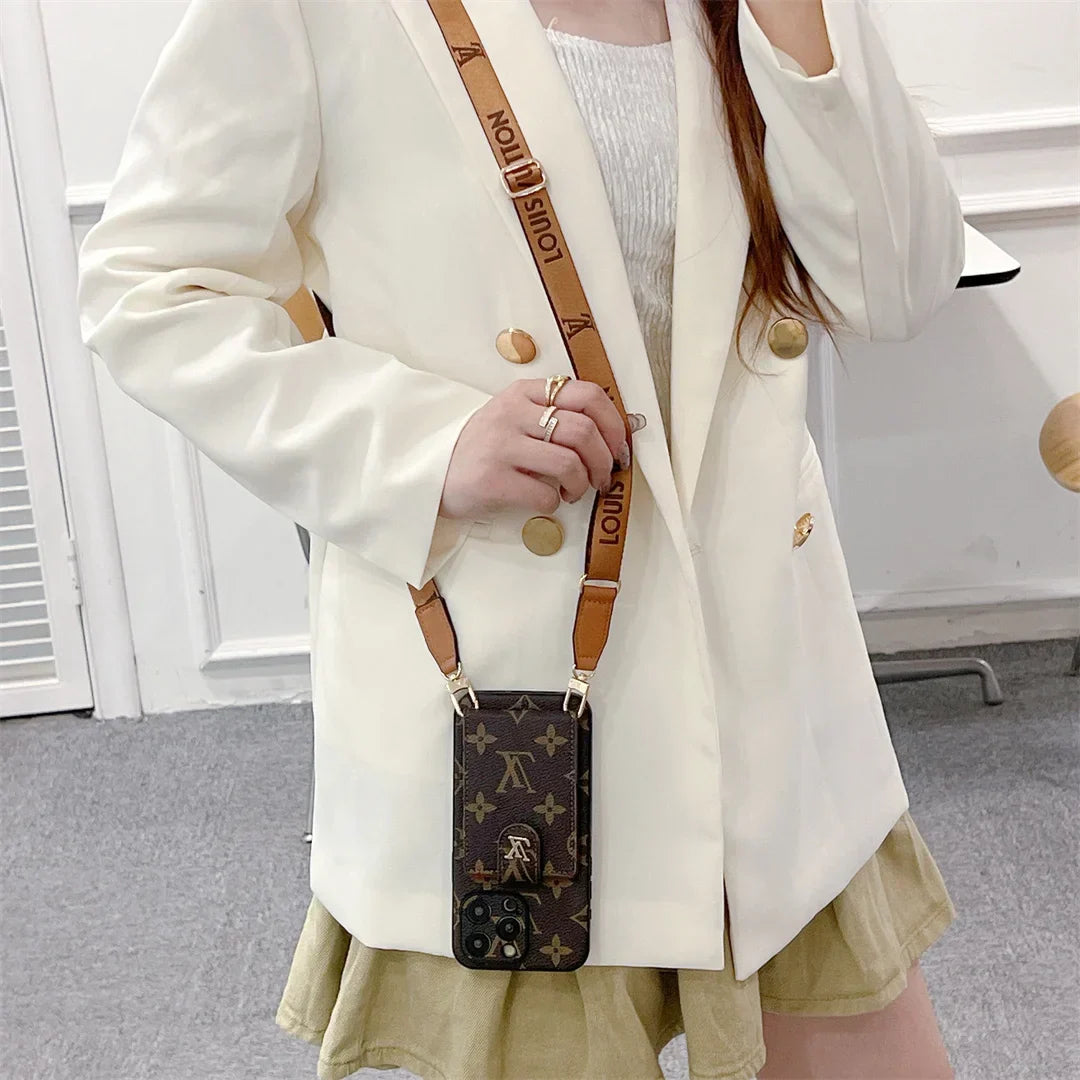 Monogram Canvas Leather Button Card Holder Crossbody iPhone Case