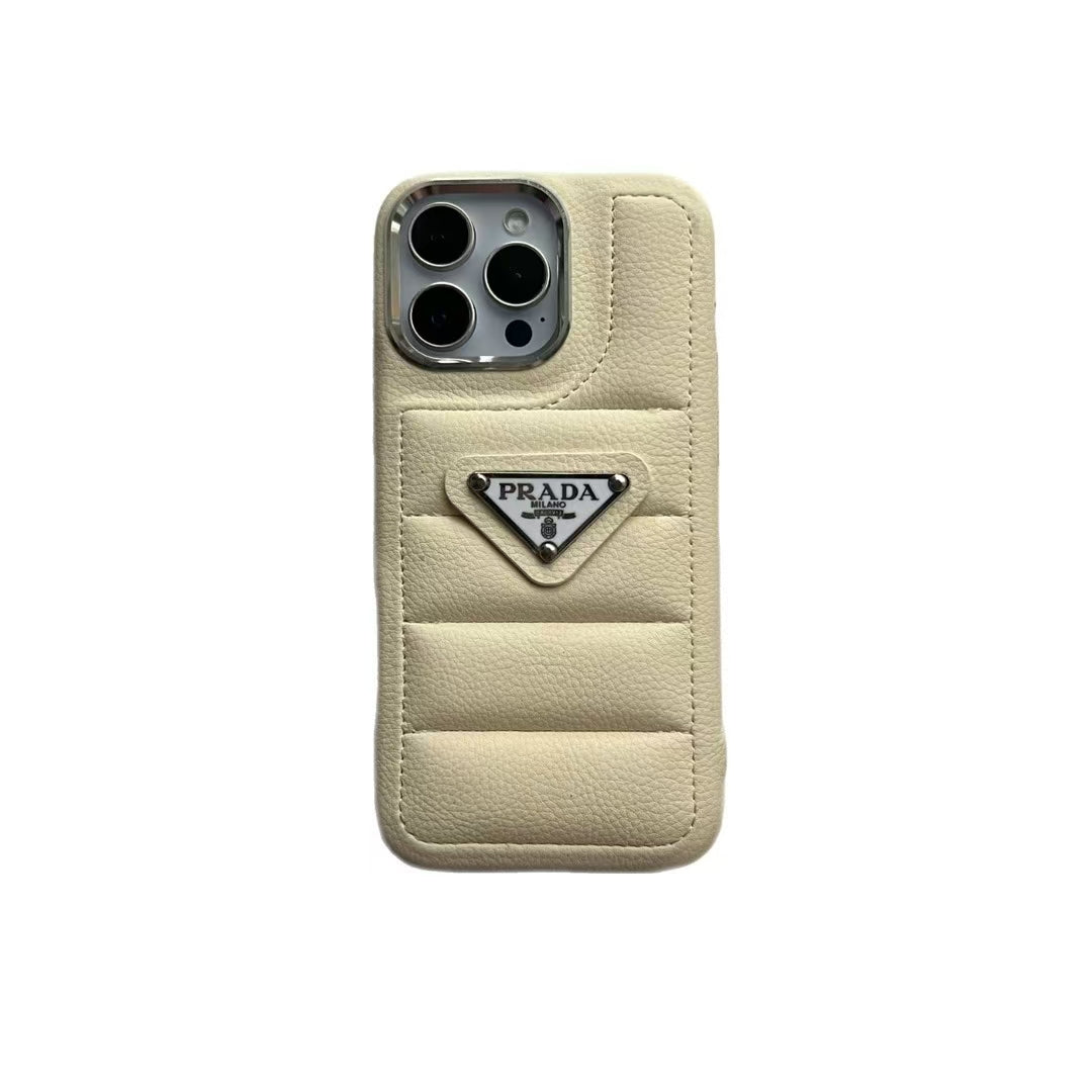 Prada Elegant Metal Monogram Diamond-Quilted Lambskim Leather Apple iPhone Case