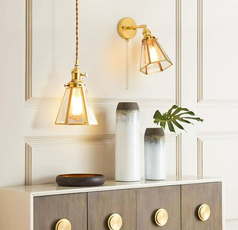 Vintage Kupfer- und Glas-Pendelleuchte